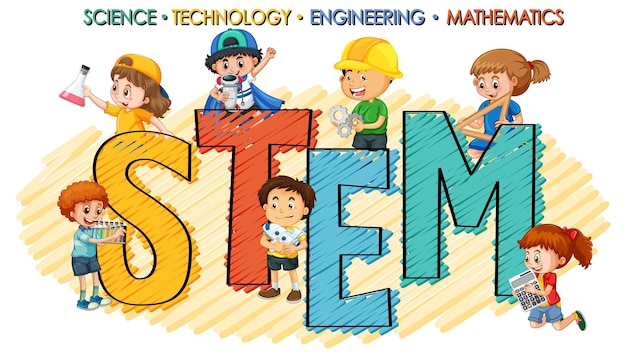 Vector gratuito logotipo de educación stem con personaje de dibujos animados de niños