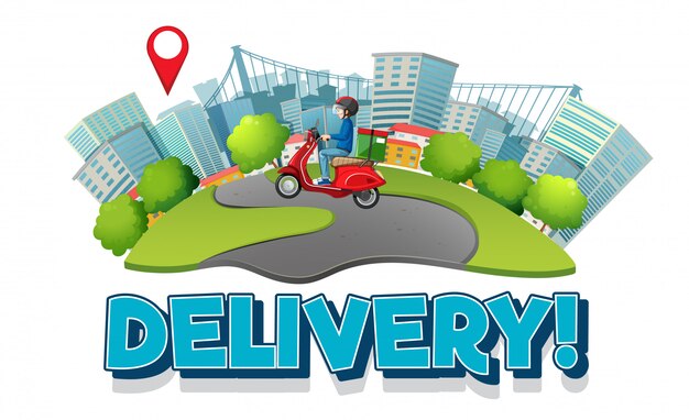 Logotipo de entrega con ciclista o mensajero en la ciudad.