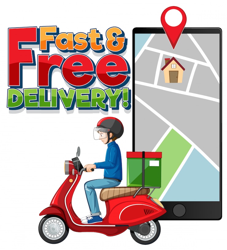 Vector gratuito logotipo de entrega rápida y gratuita con hombre en bicicleta o mensajero