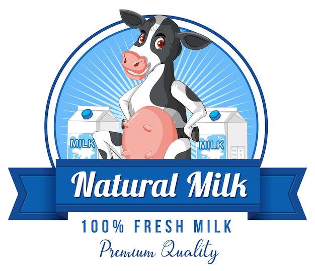 Logotipo de etiqueta de leche natural con una caricatura de vaca lechera