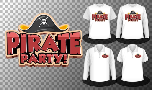 Vector gratuito logotipo de la fiesta pirata con un conjunto de camisetas diferentes con la pantalla del logotipo de la fiesta pirata en las camisas