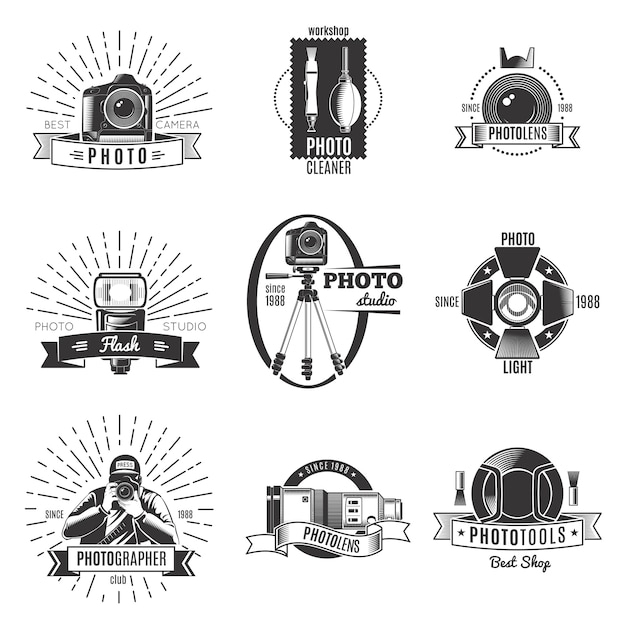 Vector gratuito logotipo de fotógrafo vintage negro aislado con las mejores descripciones de fotocleaner de taller de cámara