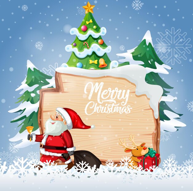 Logotipo de fuente de feliz Navidad en tablero de madera con personaje de dibujos animados de Navidad en escena de nieve