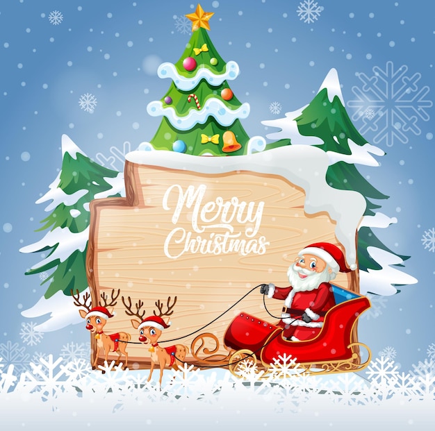 Logotipo de fuente de feliz navidad en tablero de madera con personaje de dibujos animados de navidad en escena de nieve