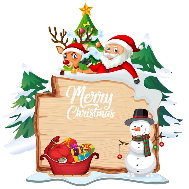 Logotipo de fuente de feliz Navidad en tablero de madera con personaje de dibujos animados de Navidad sobre fondo blanco