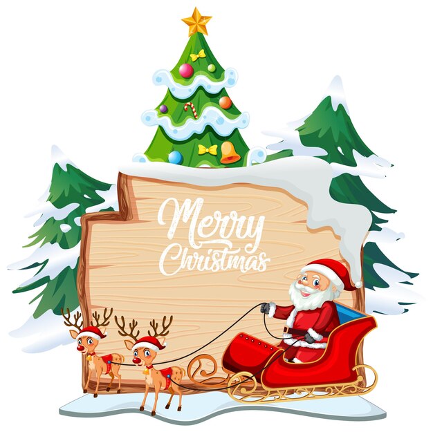 Logotipo de fuente de feliz Navidad en tablero de madera con personaje de dibujos animados de Navidad sobre fondo blanco