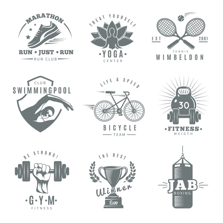 Vector gratuito logotipo de gimnasio de fitness aislado gris con maratón correr club tenis wimbledon jab boxing descripciones