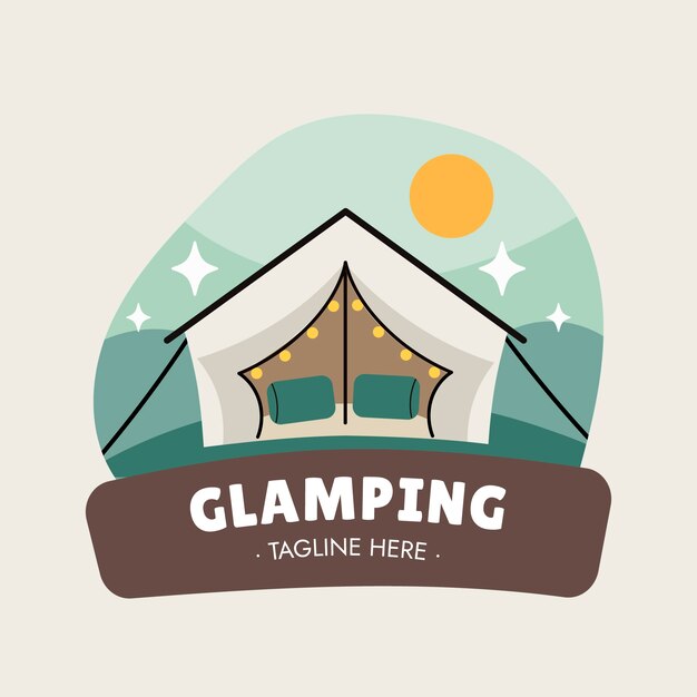 Logotipo de glamping de diseño plano dibujado a mano