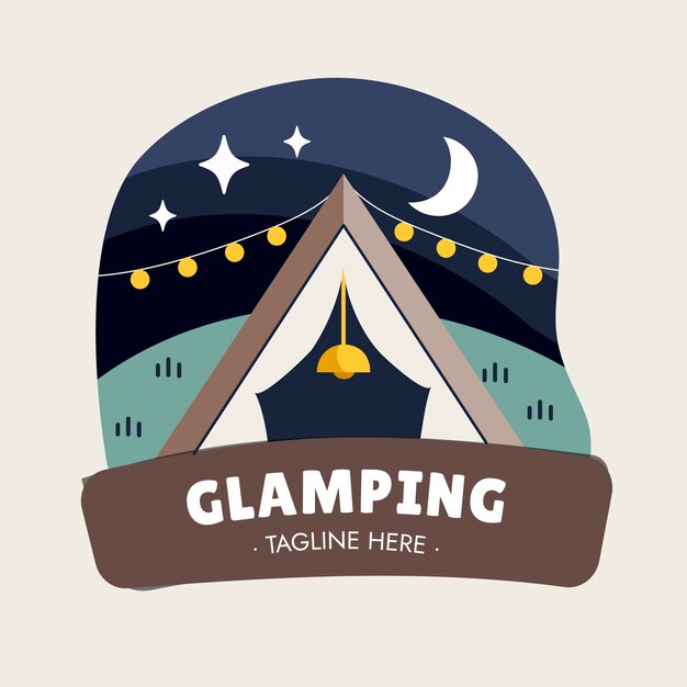 Logotipo de glamping de diseño plano dibujado a mano