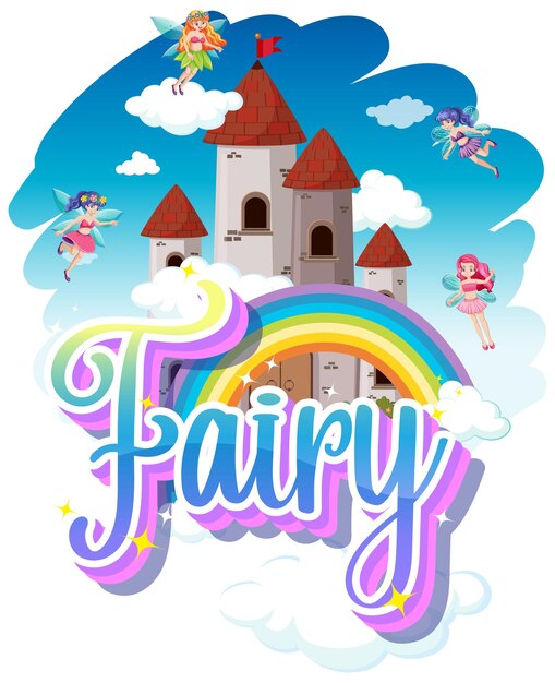 Logotipo de hadas con pequeñas hadas sobre fondo de cielo arco iris