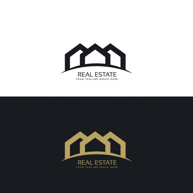 Logotipo inmobiliaria negro y dorado con tres casas