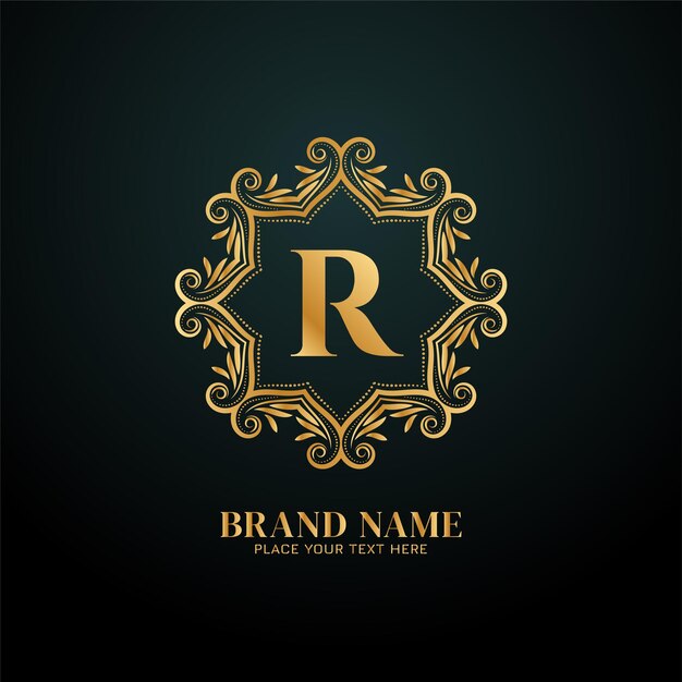 Logotipo de la marca de lujo letra R diseño dorado