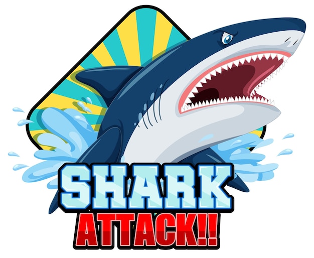 Un logotipo marino con un gran tiburón azul y texto de ataque de tiburón
