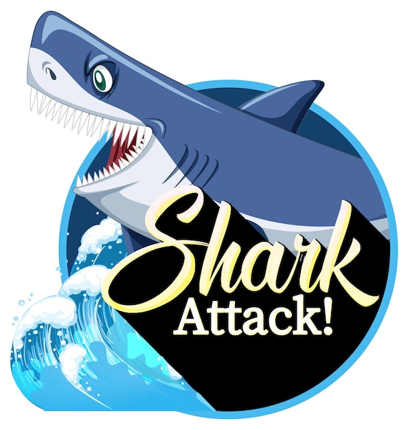 Un logotipo marino con un gran tiburón azul y texto de ataque de tiburón