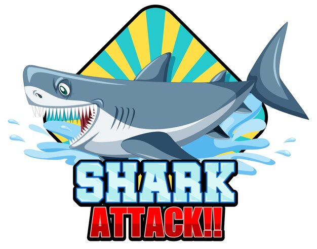 Un logotipo marino con un gran tiburón azul y texto de ataque de tiburón