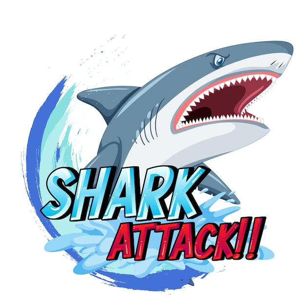 Un logotipo marino con un gran tiburón azul y texto de ataque de tiburón