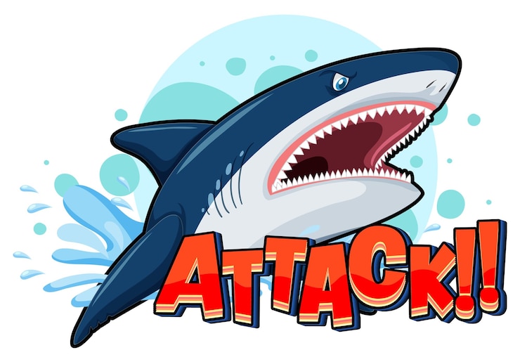 Vector gratuito un logotipo marino con un gran tiburón azul y texto de ataque