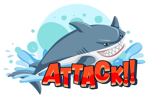 Un logotipo marino con un gran tiburón azul y texto de ataque
