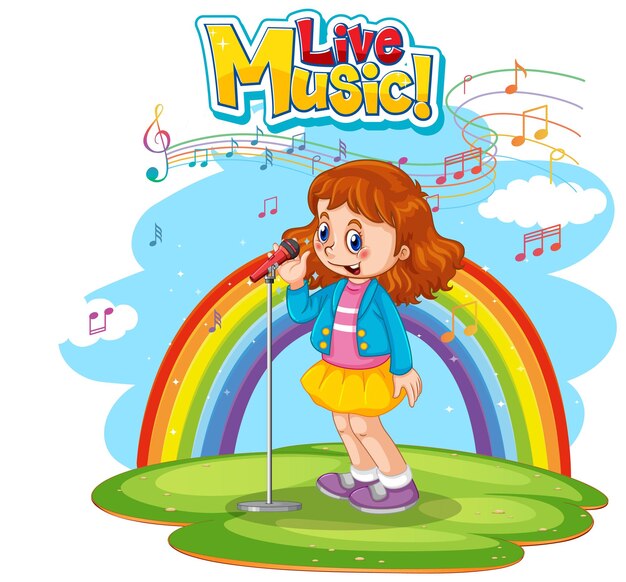 Vector gratuito logotipo de música en vivo con una niña cantando sobre fondo de arco iris