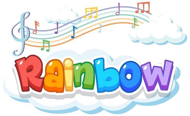 Logotipo de la palabra arco iris en la nube con símbolos de melodía