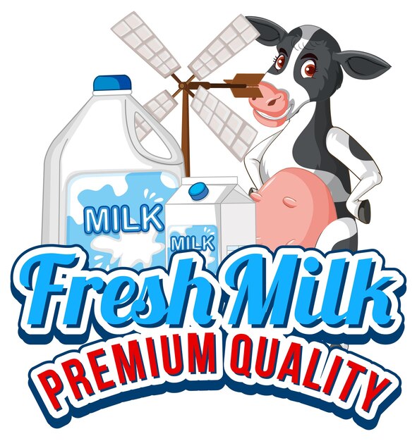 Logotipo de la palabra leche fresca con una caricatura de vaca lechera