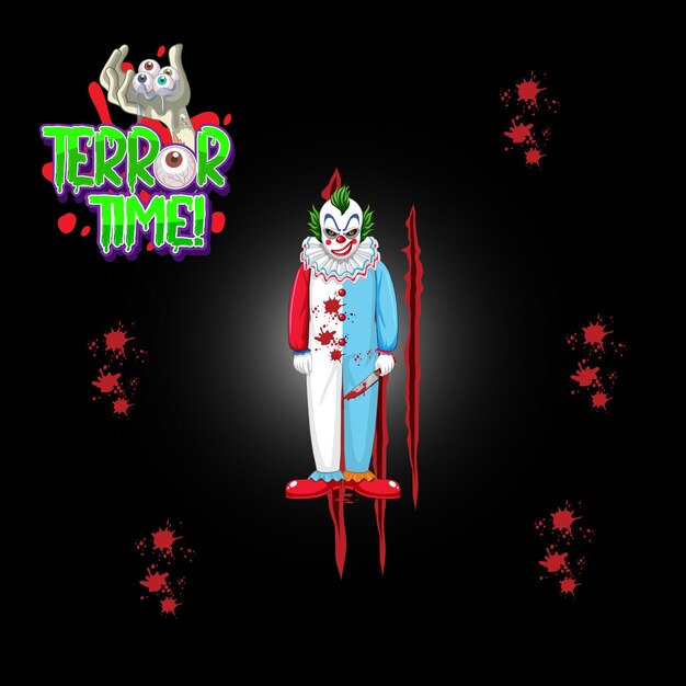 Logotipo de la palabra Terrror Time con payaso espeluznante