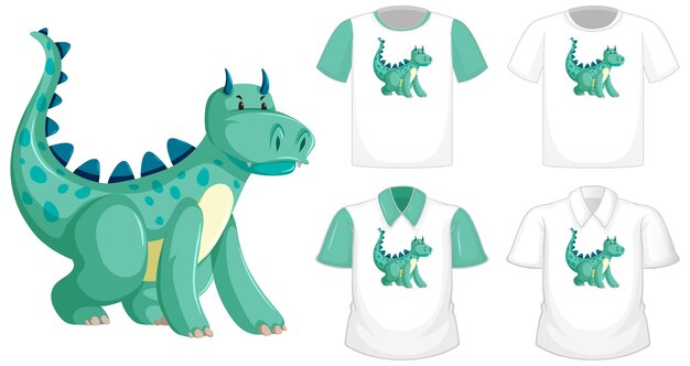 Logotipo de personaje de dibujos animados de dragón en diferente camisa blanca con mangas cortas verdes aisladas sobre fondo blanco