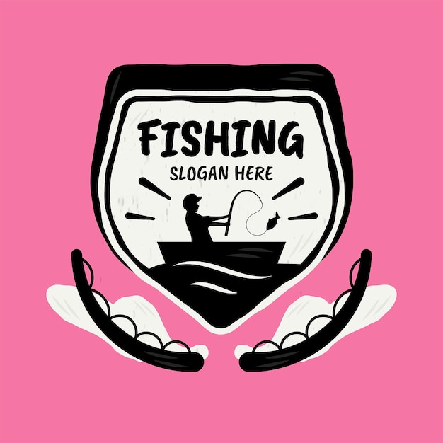 Logotipo de pesca de diseño plano dibujado a mano