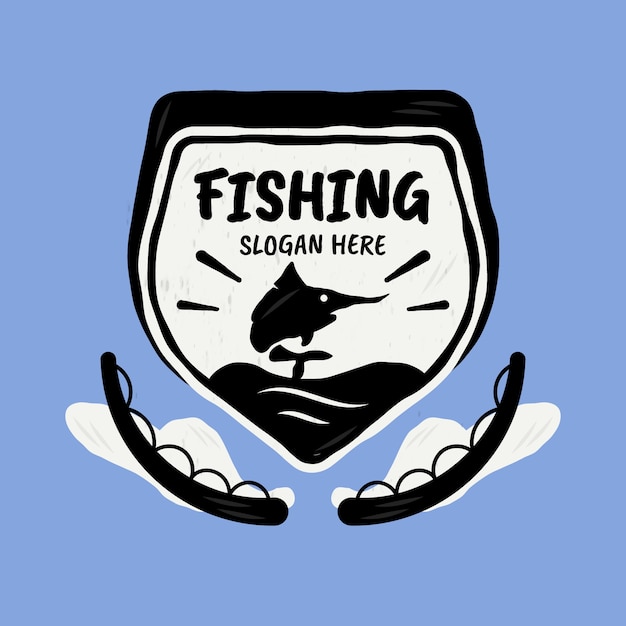 Logotipo de pesca de diseño plano dibujado a mano