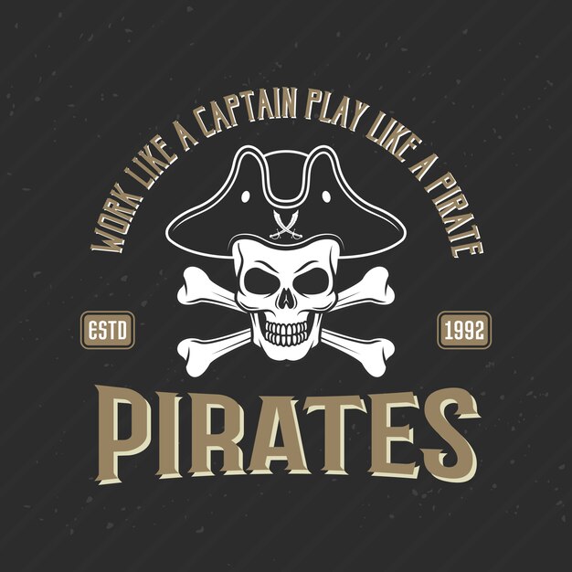 Logotipo de piratas imprimir con jolly roger en sombrero armado, ilustración vectorial