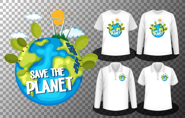 Logotipo de save the planet day con un conjunto de camisetas diferentes con la pantalla del logotipo de save the planet day en las camisetas