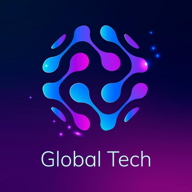 Logotipo de tecnología de globo abstracto con texto de tecnología global en tono púrpura