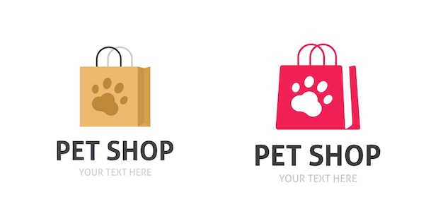 Logotipo de la tienda de mascotas o icono de la tienda de perros con símbolo de dibujos animados planos de huella de pata