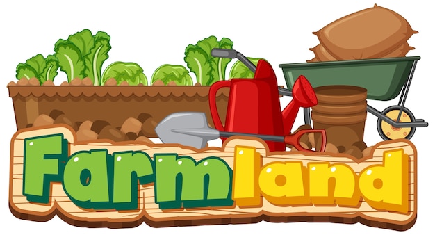 Vector gratuito logotipo de tierras de cultivo o banner con herramientas de jardinería aisladas en blanco