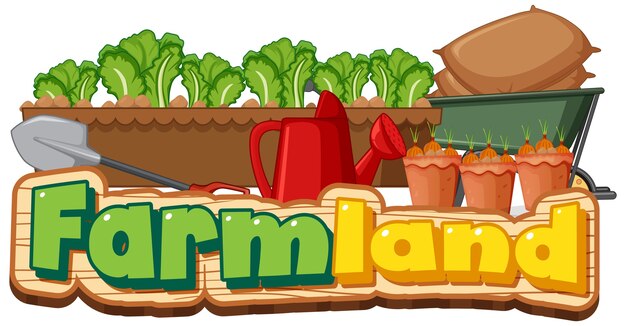 Logotipo de tierras de cultivo o banner con herramientas de jardinería aislado sobre fondo blanco.