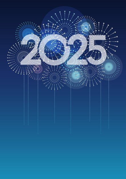 El logotipo vectorial del año 2025 y fuegos artificiales de celebración con espacio de texto en un fondo azul