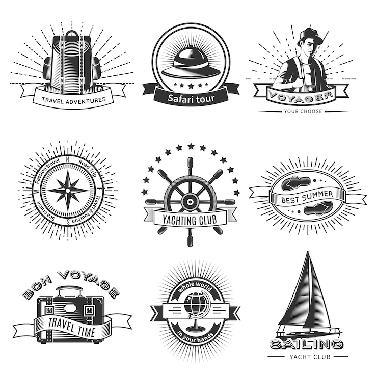 Vector gratuito logotipo de viaje monocromo vintage con mochila, safari, yates, ruedas, chanclas, cámara, globo y viajero aislado