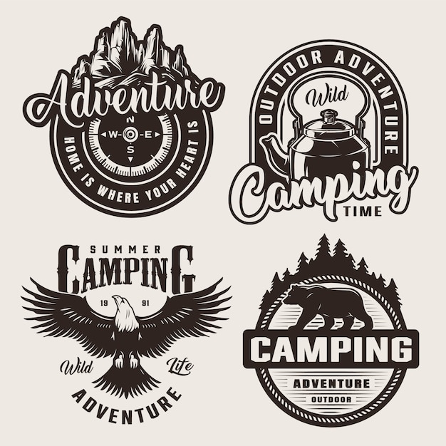 Vector gratuito logotipos de aventura de camping monocromo