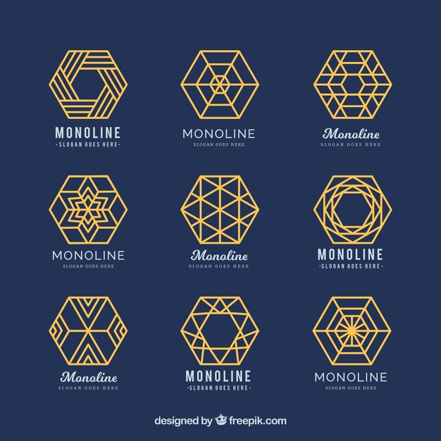 Logotipos azules y dorados geométricos en estilo monoline