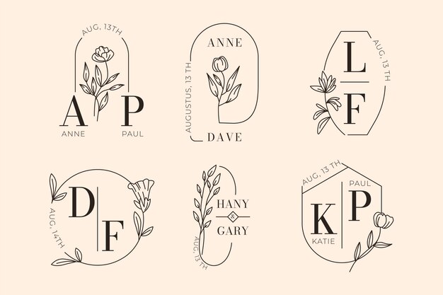Logotipos de boda planos lineales