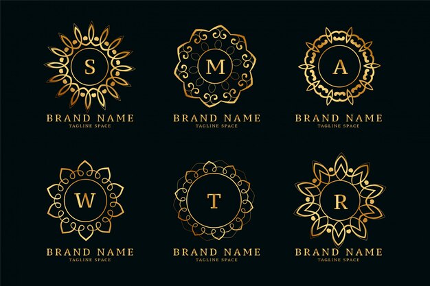 Logotipos decorativos de estilo mandala dorado con conjunto de iniciales
