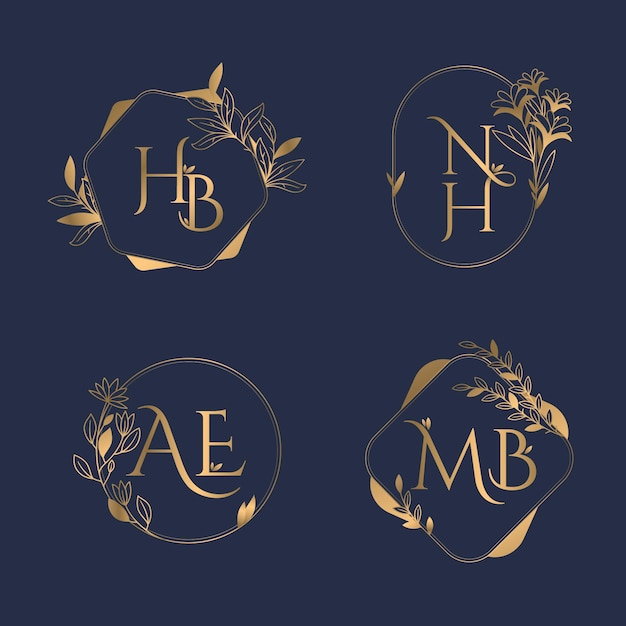 Logotipos de monograma de boda caligráficos dorados