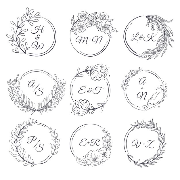 Logotipos de monogramas de boda dibujados a mano