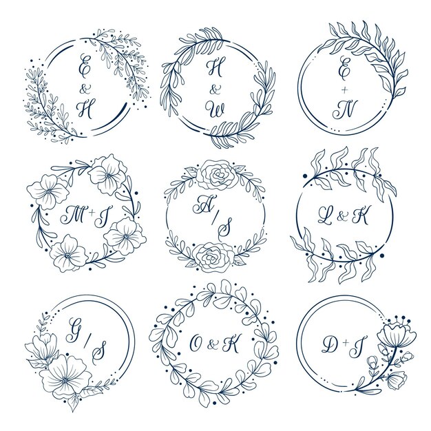 Logotipos de monogramas de boda dibujados a mano