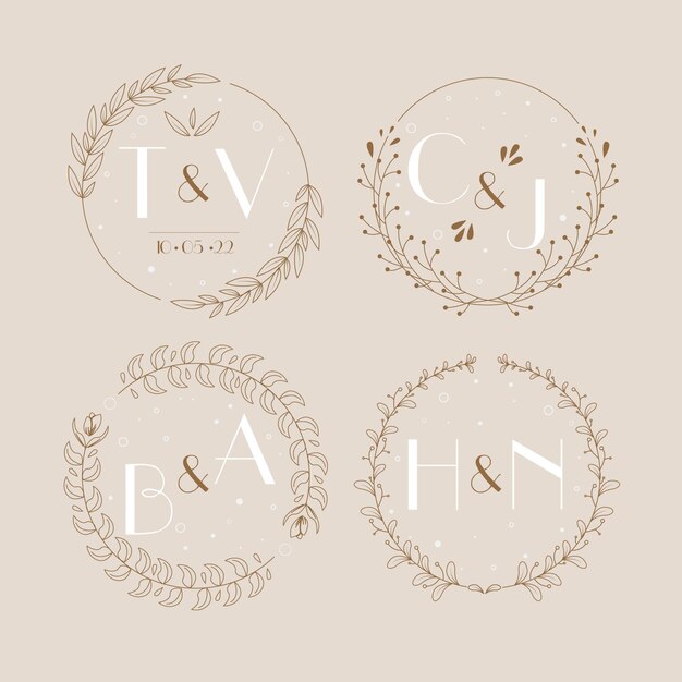 Logotipos de monogramas de boda dibujados a mano