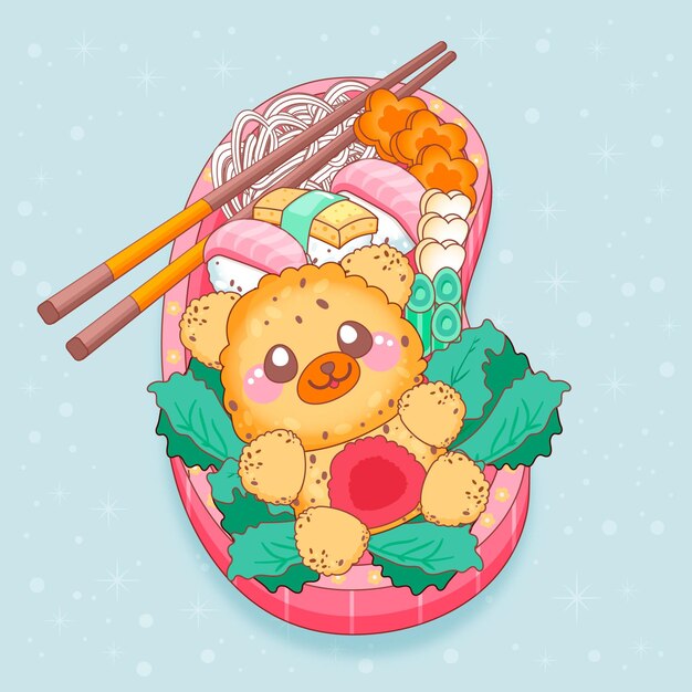 Lonchera japonesa llena de comida diseño kawaii