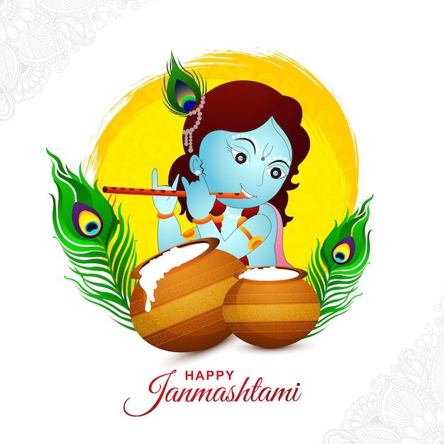 Vector gratuito lord krishna dahi handi en feliz fondo de tarjeta del festival janmashtami