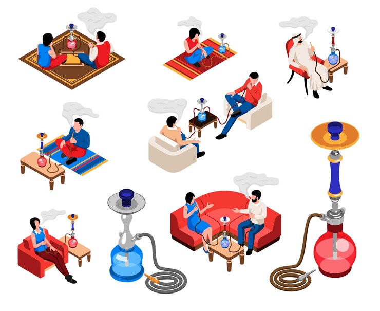 Vector gratuito lounge bar conjunto isométrico de personas que se relajan y fuman narguile en el club o cafetería ilustración vectorial aislada