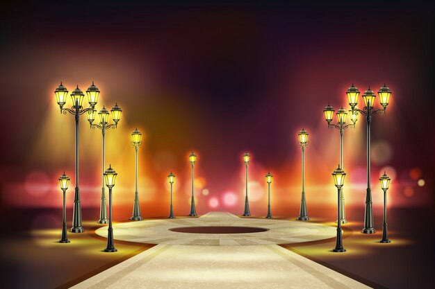 Luces de calle de color composición realista calle tranquila noche con luces amarillas retro ilustración