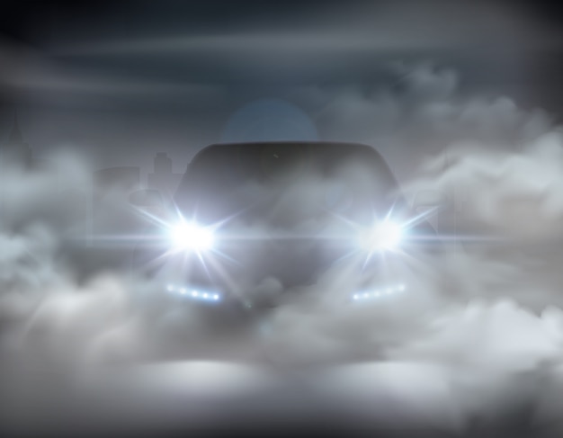 Luces del coche realistas en concepto abstracto de composición de niebla con coche plateado en la ilustración de la noche